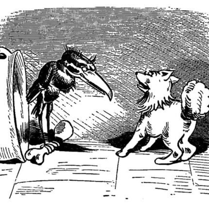 Poker-Nicknames-Huckebein-Wilhelm-Busch. An illustration of a dog and a black raven from zeno.org